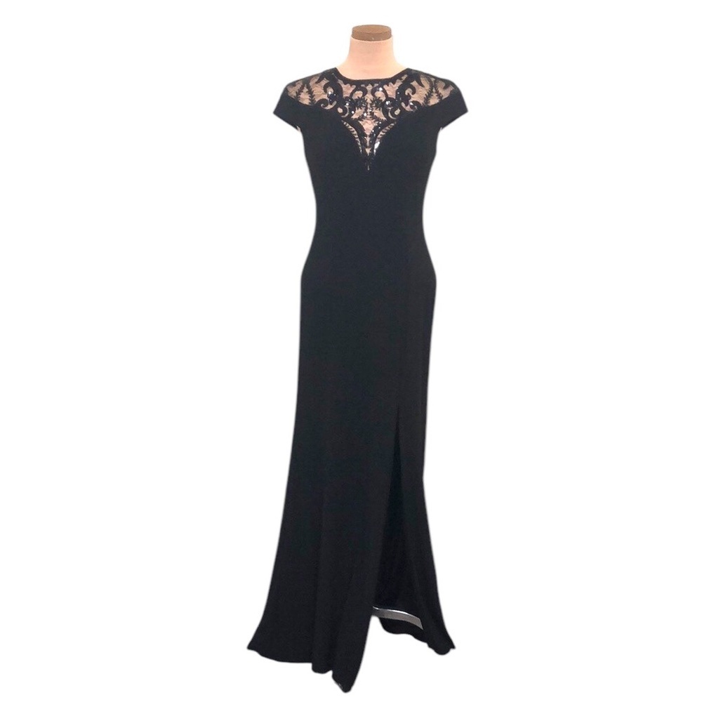 Nwt Adrianna Papell Formal Maxi Dress 2 Black Sequin Mesh Illusion Neck Gown